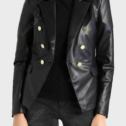 Womens Slimfit Double-Breasted Black Leather Blazer