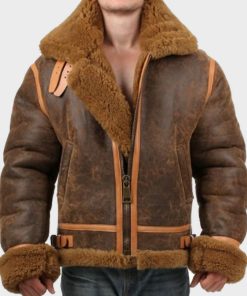 Mens Aviator Shearling Distressed Brown Leather Jacket