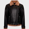 Womens Shearling Aviator Shining Black Leather Jacket