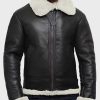 Mens White Fur Collar Black Leather Jacket