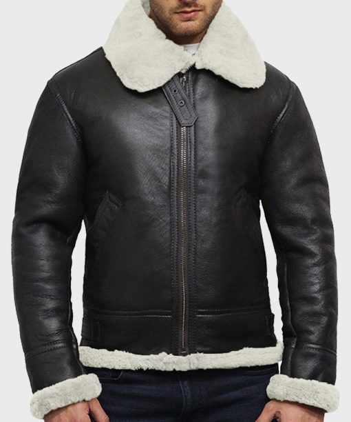 Mens White Fur Collar Black Leather Jacket