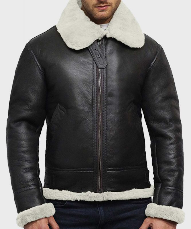 Mens Black Genuine Leather Jacket with White Fur Collar