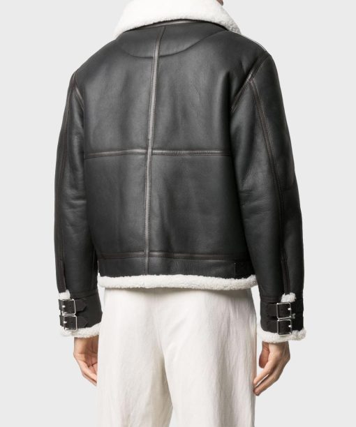 Black Genuine Leather Men's White Shearling Collar Jacket