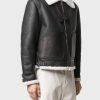 Men's Black Belted Genuine White Shearling Jacket