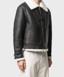 Men's Black Belted Genuine White Shearling Jacket