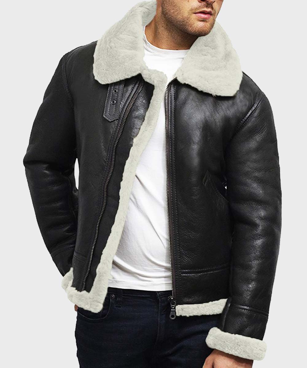Mens Black Genuine Leather Jacket with White Fur Collar