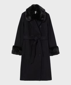 Womens Black Wool-Blend Fur Collar Trench Coat