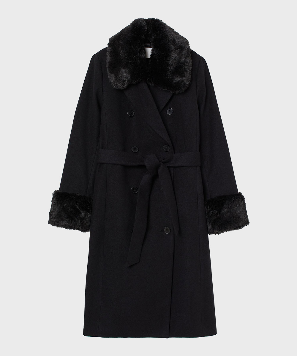 Womens Fur Collar Black Wool Coat | Black Trench Fur Collar Coat