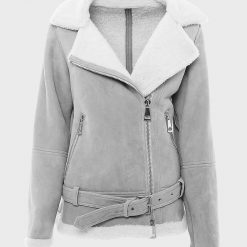 Women's Belted Asymmetrical Shearling Grey Suede Leather Jacket