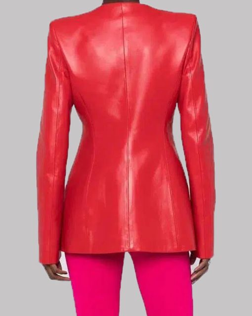 Womens Red Leather Collarless Jacket