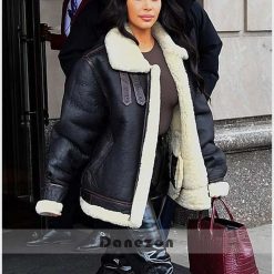 Black Leather Kim Kardashian Shearling Jacket