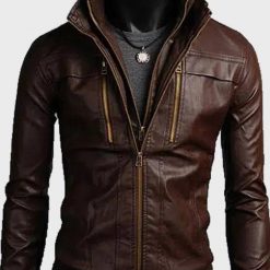 Mens Brown Bomber Faux Leather Jacket