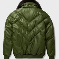 Mens V-Bomber Green Leather Jacket