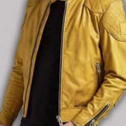 Mens Quilted Design Cafe Racer Yellow Jacket