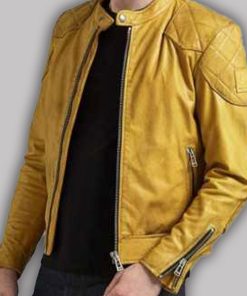 Mens Quilted Design Cafe Racer Yellow Jacket