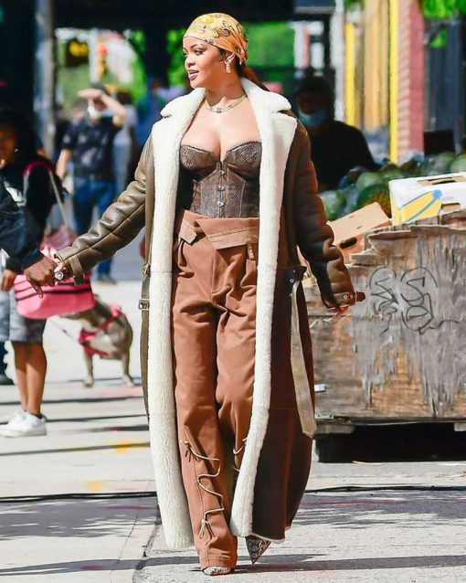 Rihanna Leather Shearling Coat