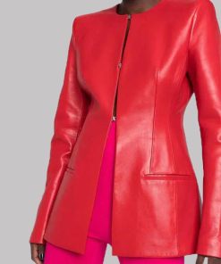 Womens Red Collarless Leather Jacket