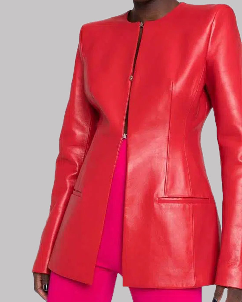 Womens Red Collarless Leather Jacket | Red Leather Collarless Jacket