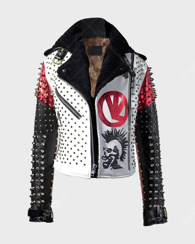 Mens Studded Patches Leather Jacket with Spikes