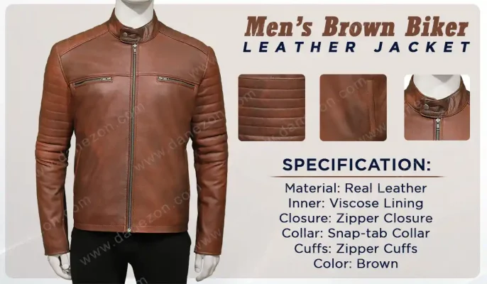 Brown Biker Padded Leather Jacket Mens