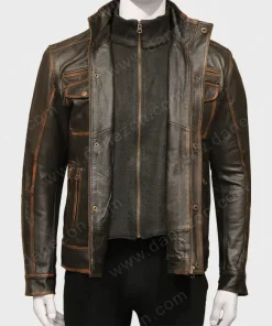 Men Zipper Brown Pockets Leather Jacket