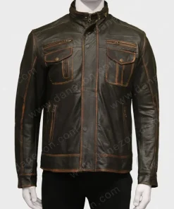 Casual Men Brown Leather Pockets Jacket