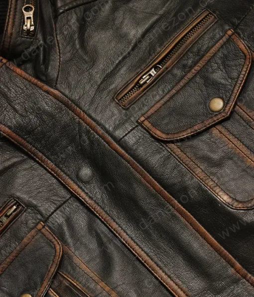 Men Brown Zipper Pockets Leather Jacket
