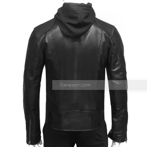 Mens Hooded Black Biker Leather Jacket