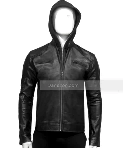 Black Hooded Mens Leather Jacket