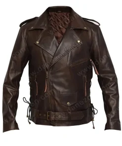 Mens Biker Dark Brown Zipper Leather Jacket
