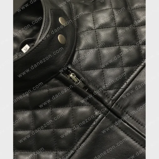 Black Leather Slim Fit Quilted Jacket Mens