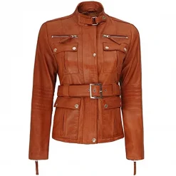 Women Brown Belted Leather Jacket