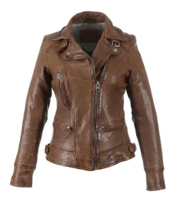 Women Brown Biker Waxed Leather Jacket