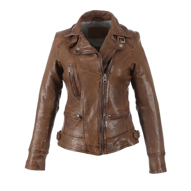 Women Brown Biker Waxed Leather Jacket - Danezon