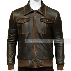 Brown Distressed Bomber Leather Jacket