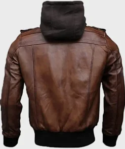 Brown Hooded Bomber Leather Jacket Mens