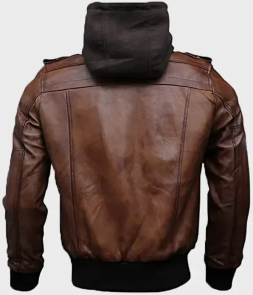 Brown Hooded Bomber Leather Jacket Mens