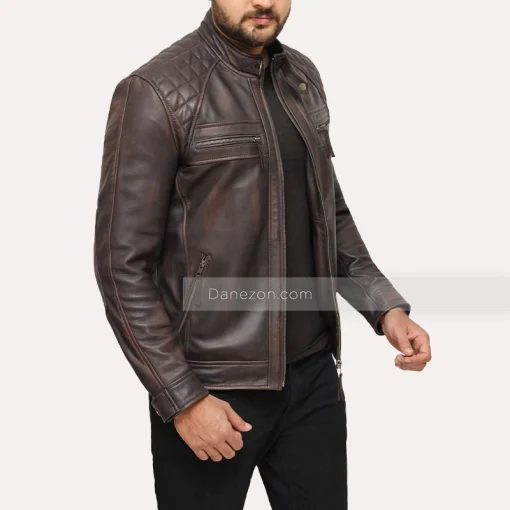 Men's Distressed Brown Quilted Shoulder Leather Jacket