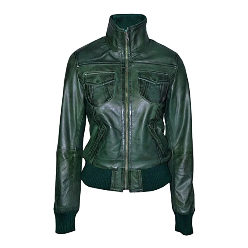 Womens Green Bomber Leather Jacket