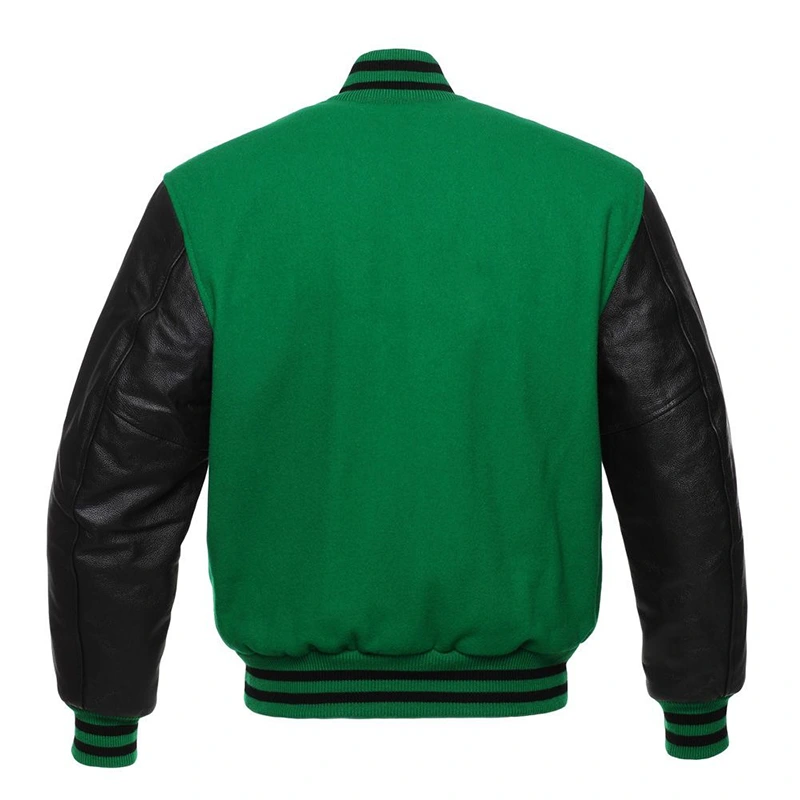 Men's Navy Blue Wool & Green Real Leather Varsity Jacket
