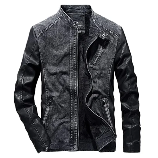 Grey Denim Jacket with Leather Sleeves