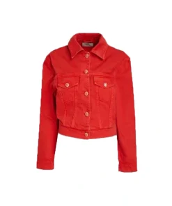 Kathleen Red Denim Jacket with Shirt Style Collar
