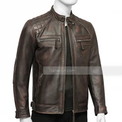 Men Quilted Shoulder Distressed Leather Jacket