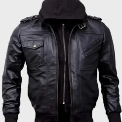 Black Leather Mens Hooded Bomber Jacket