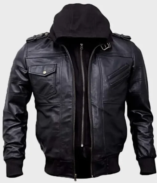 Black Leather Mens Hooded Bomber Jacket