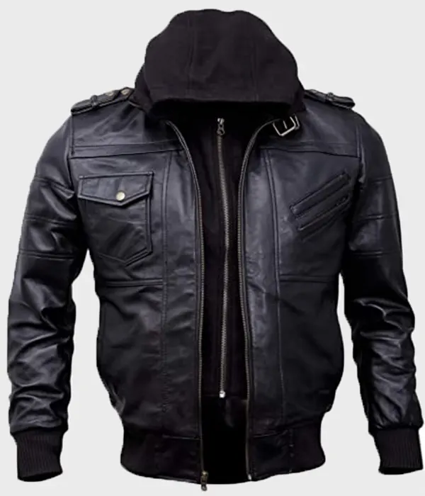 Mens Black Bomber Hooded Leather Jacket - Danezon