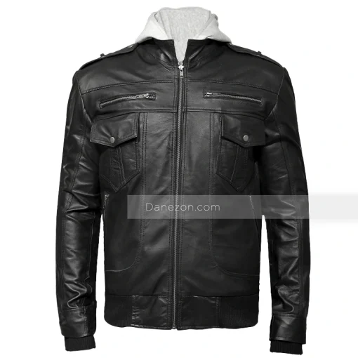 Grey Hooded Black Leather Jacket Mens