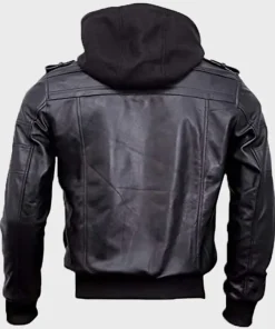 Black Leather Bomber Hooded Jacket Mens
