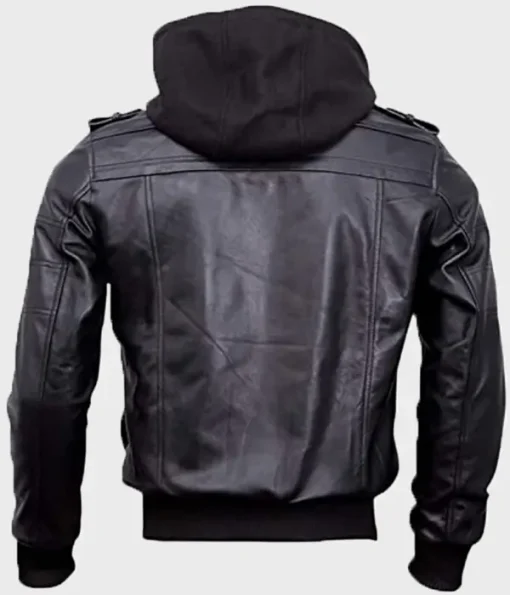 Black Leather Bomber Hooded Jacket Mens