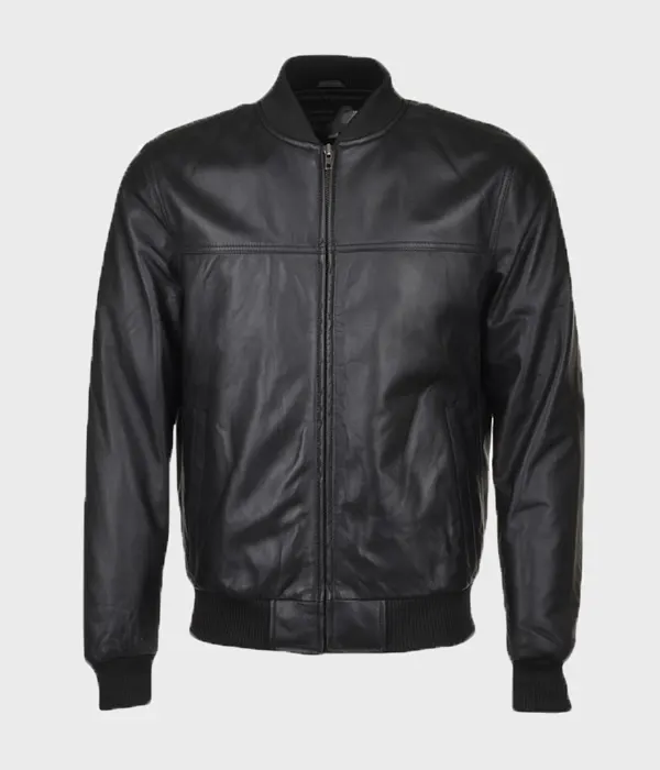 Mens Slim Fit Black Leather Bomber Jacket - Danezon